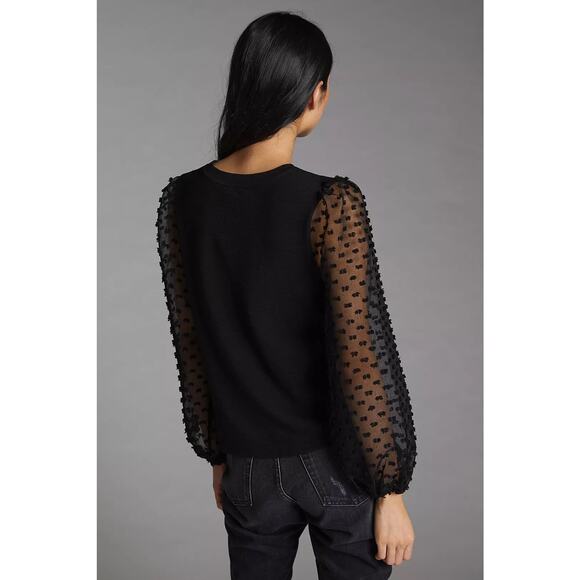 Anthropologie Maeve Textured-Sleeve Top Black Medium Chic Dark Romantic Edgy - Picture 5 of 13
